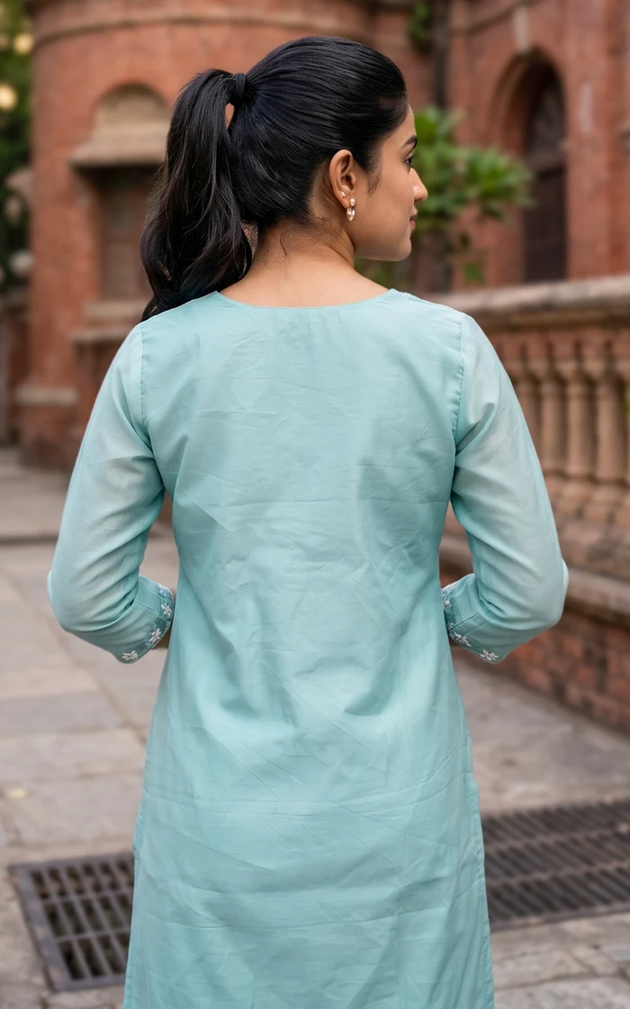 Pastel Blue Floral Embroidered Straight Kurta set